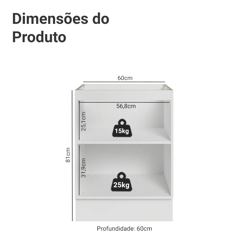 Balcão de Cozinha 60 x 60 cm 1 Porta (Sem Tampo) Branco/Branco Veludo Lux Madesa - Image 2