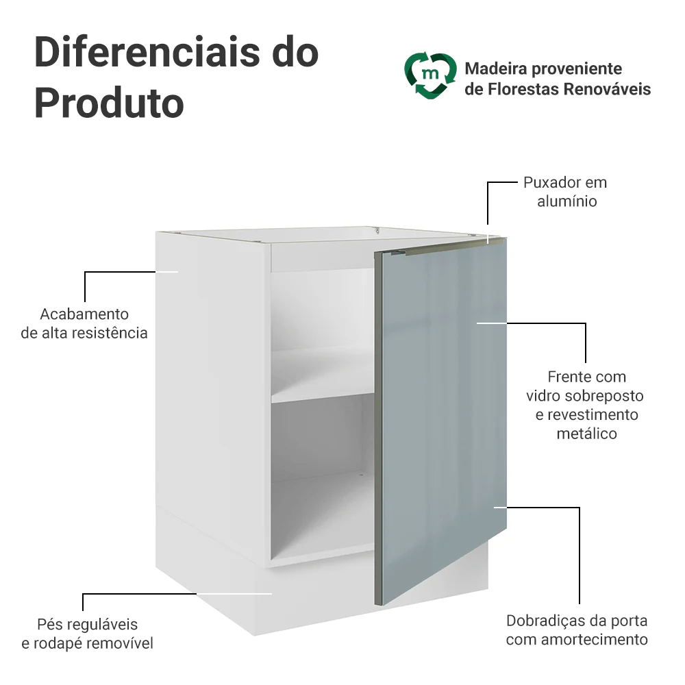 Balcão de Cozinha 60 x 60 cm 1 Porta (Sem Tampo) Branco/Cinza Lux Madesa - Image 3