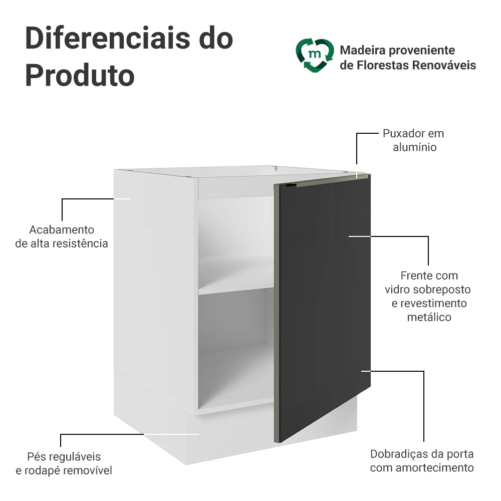 Balcão de Cozinha 60 x 60 cm 1 Porta (Sem Tampo) Branco/Preto Lux Madesa - Image 3