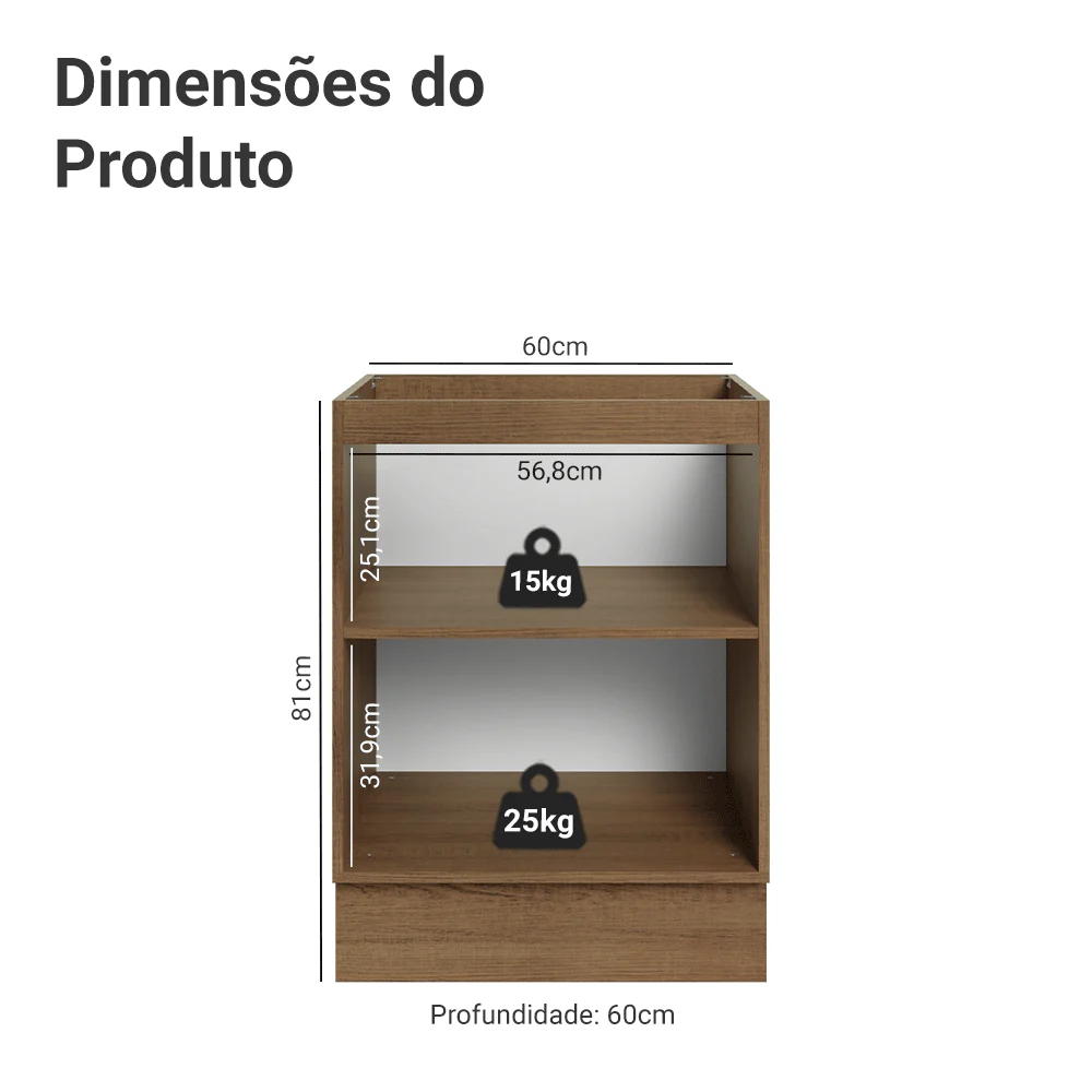Balcão de Cozinha 60 x 60 cm 1 Porta (Sem Tampo) Rustic/Preto Lux Madesa - Image 2