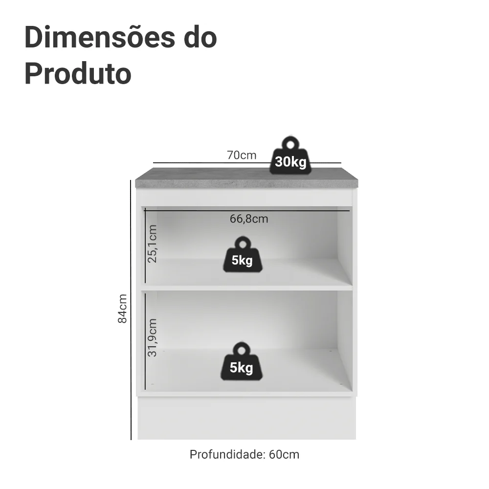 Balcão de Cozinha 70 x 60 cm 2 Portas (Com Tampo) Branco/Branco Veludo Lux Madesa - Image 2