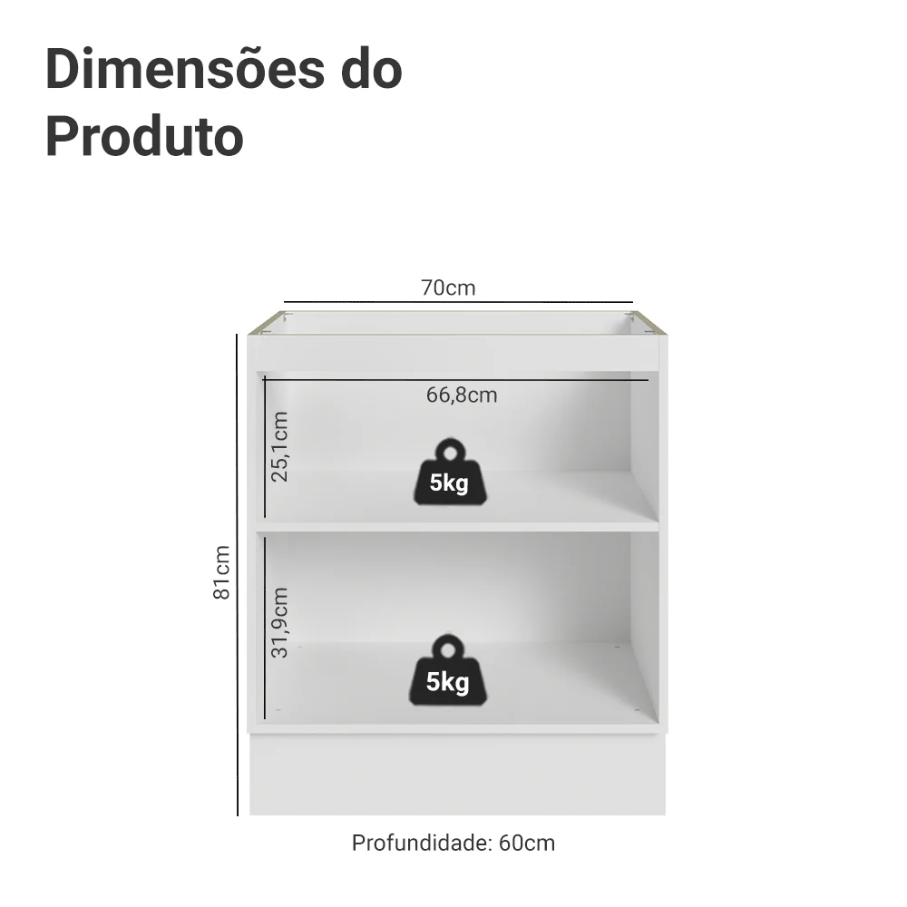 Balcão de Cozinha 70 x 60 cm 2 Portas (Sem Tampo) Branco/Cinza Lux Madesa - Image 2