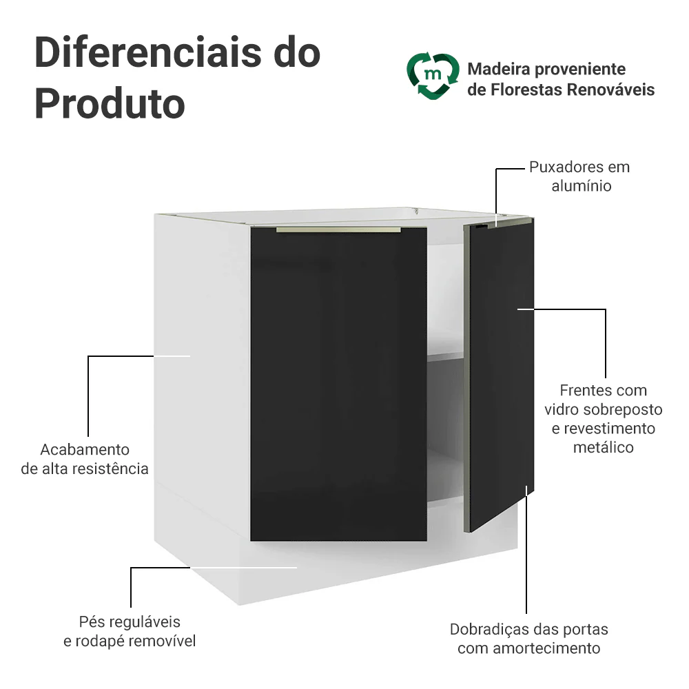Balcão de Cozinha 70 x 60 cm 2 Portas (Sem Tampo) Branco/Preto Lux Madesa - Image 3