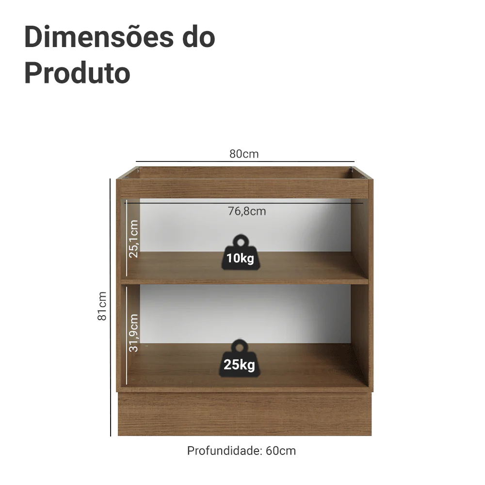 Balcão de Cozinha 80 x 60 cm 2 Portas (Sem Tampo) Rustic/Preto Lux Madesa - Image 2