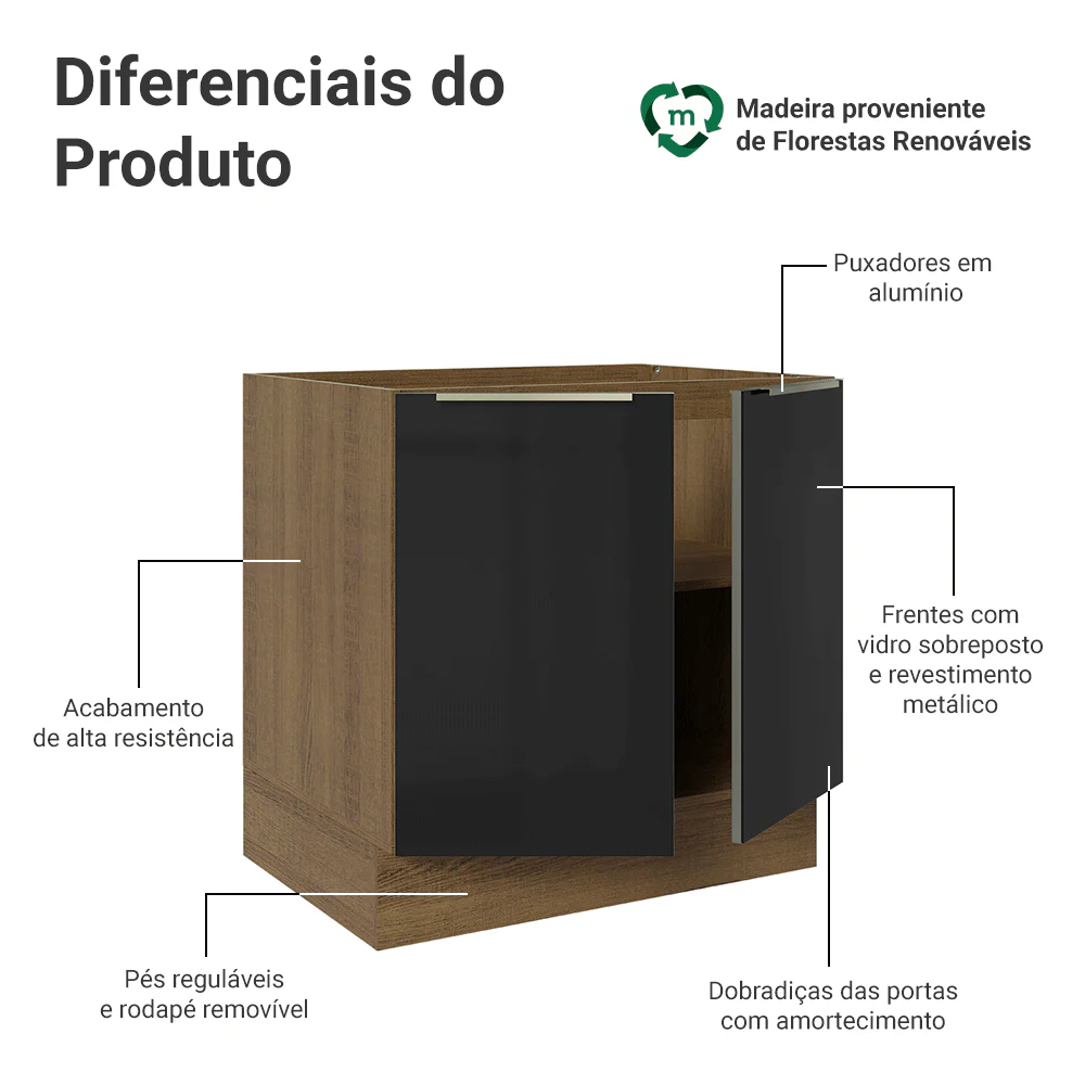 Balcão de Cozinha 80 x 60 cm 2 Portas (Sem Tampo) Rustic/Preto Lux Madesa - Image 3