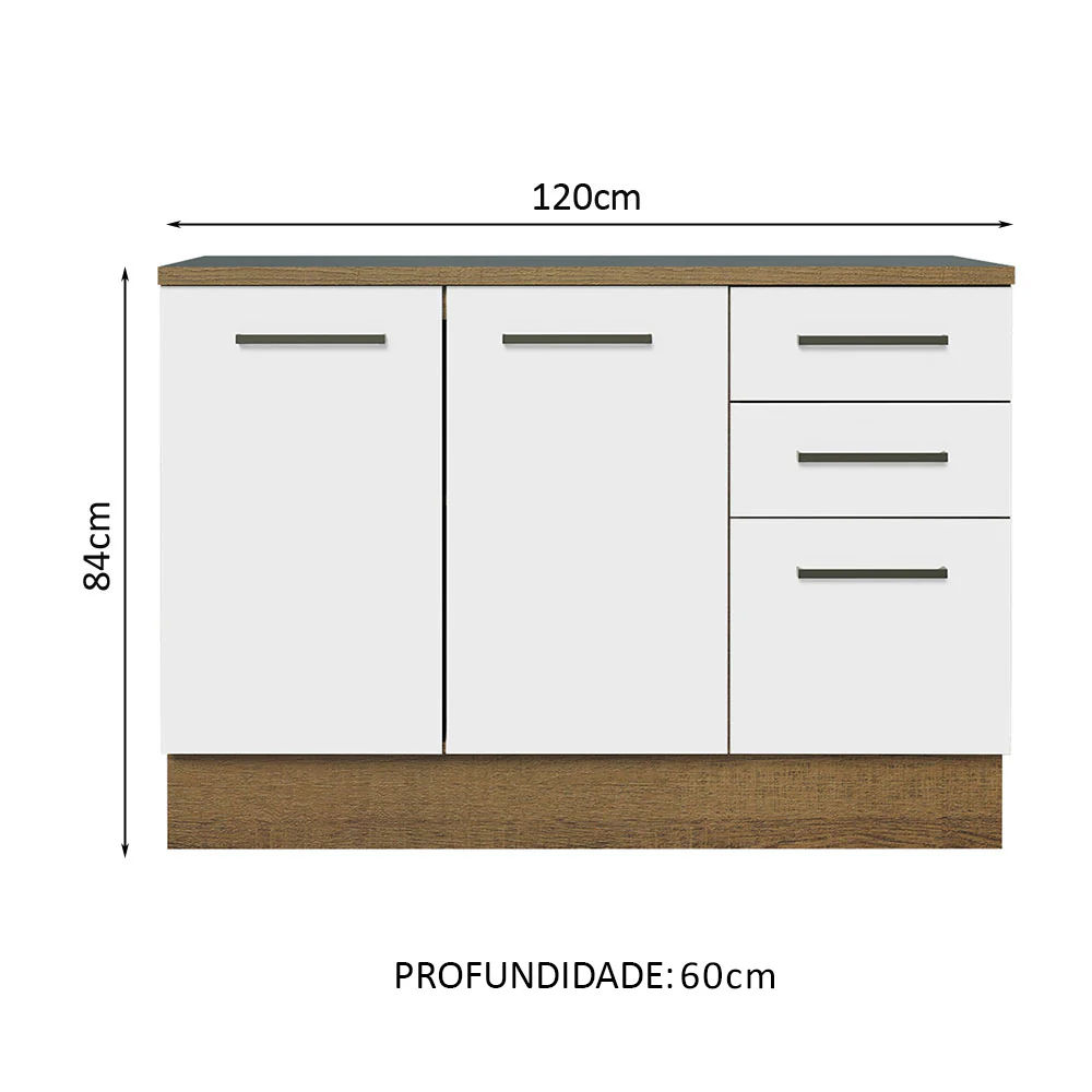 Balcão Multiuso 120cm 2 Portas 3 Gavetas Rustic/Branco Agata Madesa - Image 3
