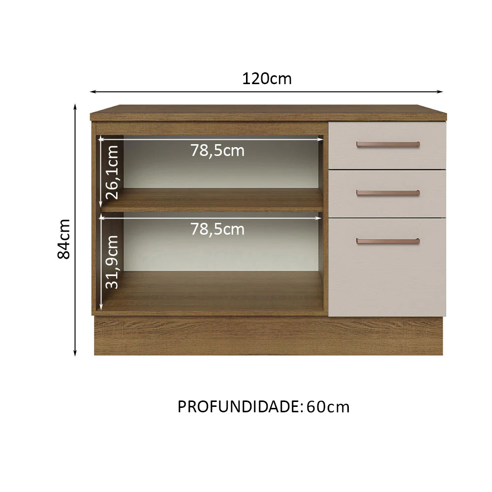 Balcão Multiuso 120cm 2 Portas 3 Gavetas Rustic/Crema Agata Madesa - Image 4