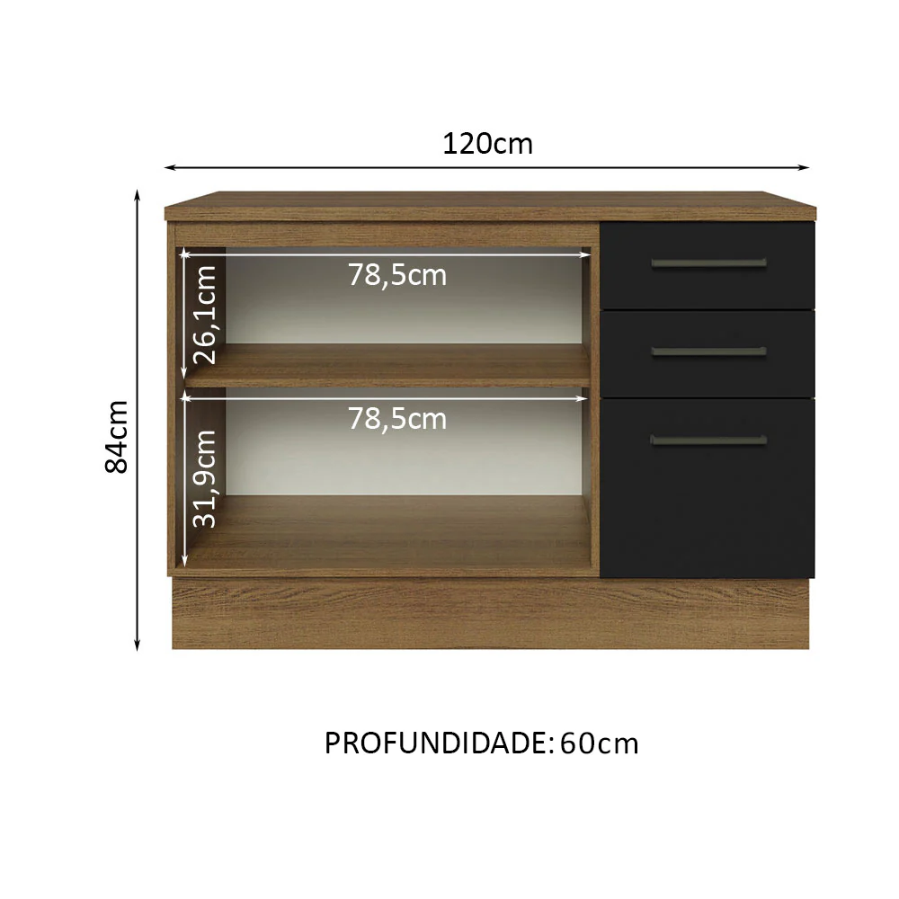Balcão Multiuso 120cm 2 Portas 3 Gavetas Rustic/Preto Agata Madesa - Image 4