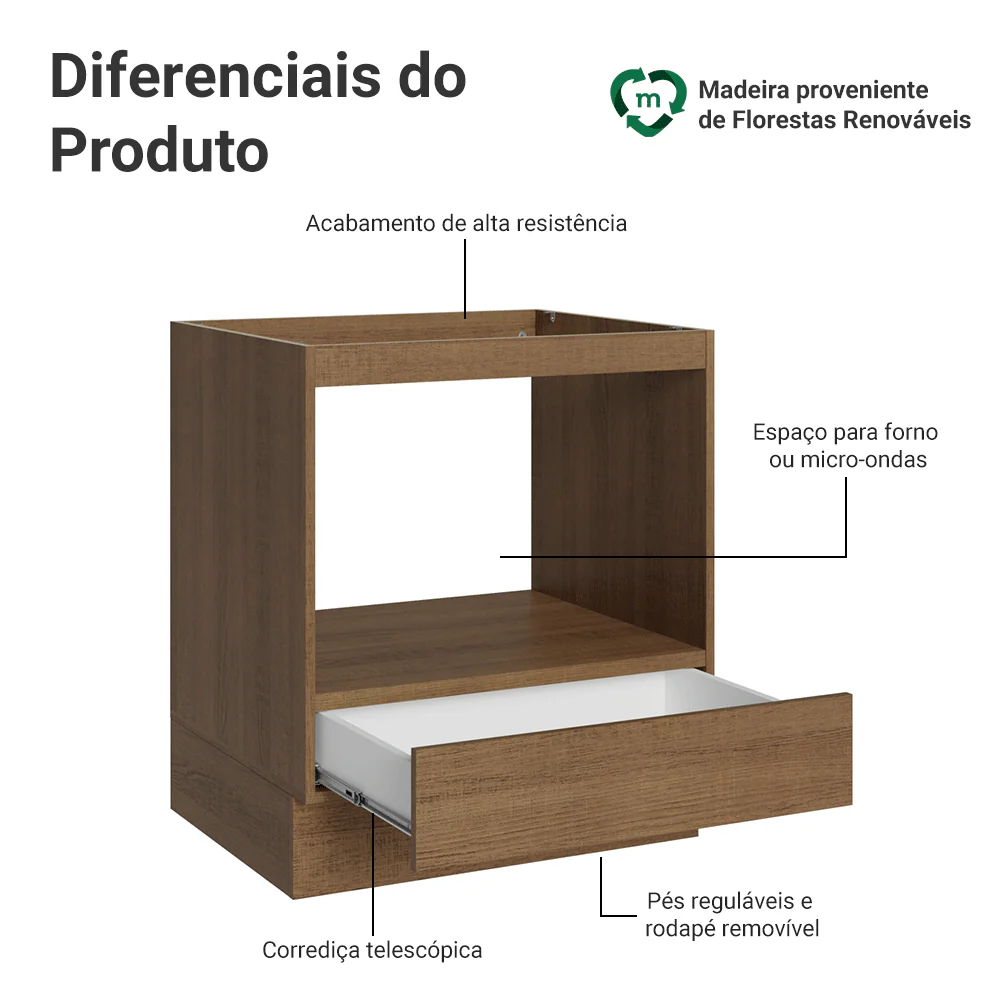 Balcão para Forno/Micro-ondas 70 x 60 cm 1 Gaveta (Sem Tampo) Rustic Madesa - Image 4