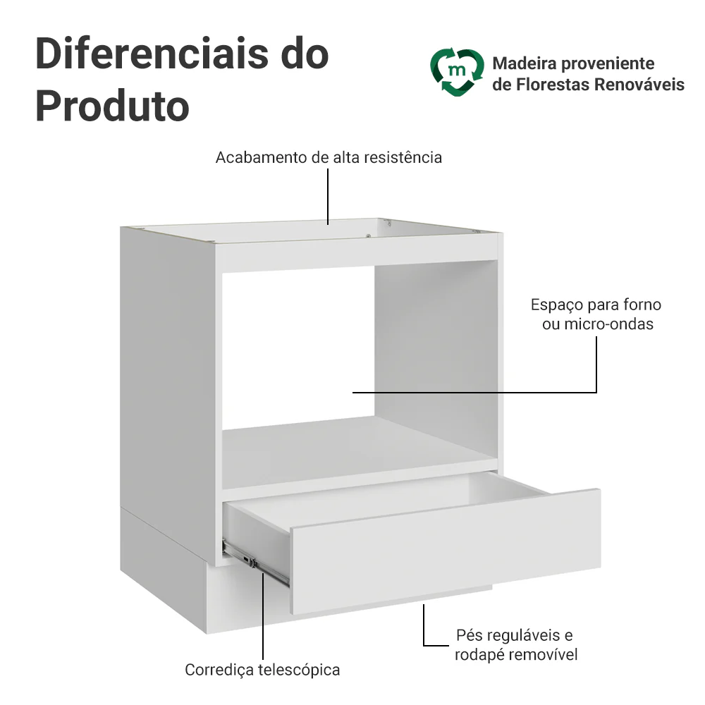 Balcão para Forno/Micro-ondas 70 cm 1 Gaveta (Sem Tampo) Branco Madesa - Image 4