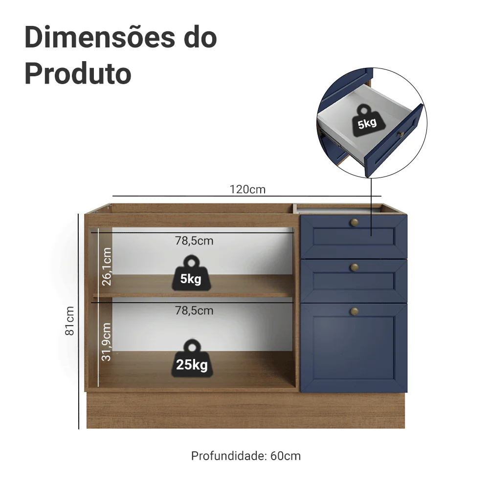 Balcão de Pia 120 x 60 cm 2 Portas 3 Gavetas (Sem Tampo) Rustic/Azul Vik Madesa - Image 2