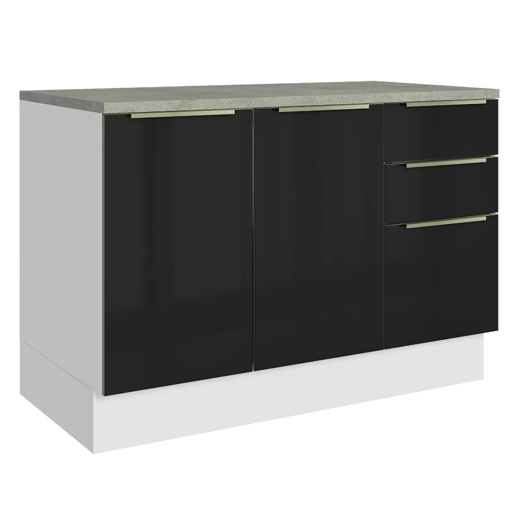 Balcão de Cozinha 120 x 60 cm 2 Portas 3 Gavetas (Com Tampo) Branco/Preto Lux Madesa