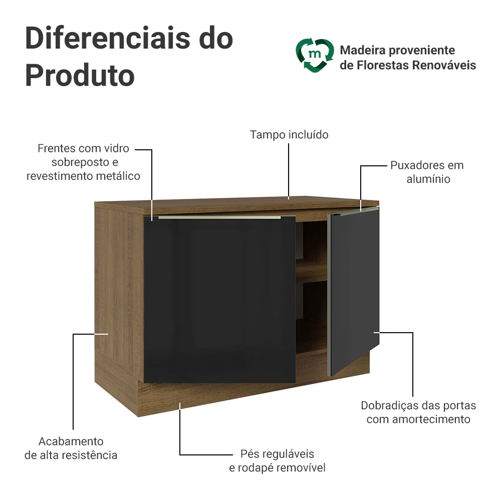 Balcão de Cozinha 120 x 60 cm 2 Portas (Com Tampo) Rustic/Preto Lux Madesa - Image 3