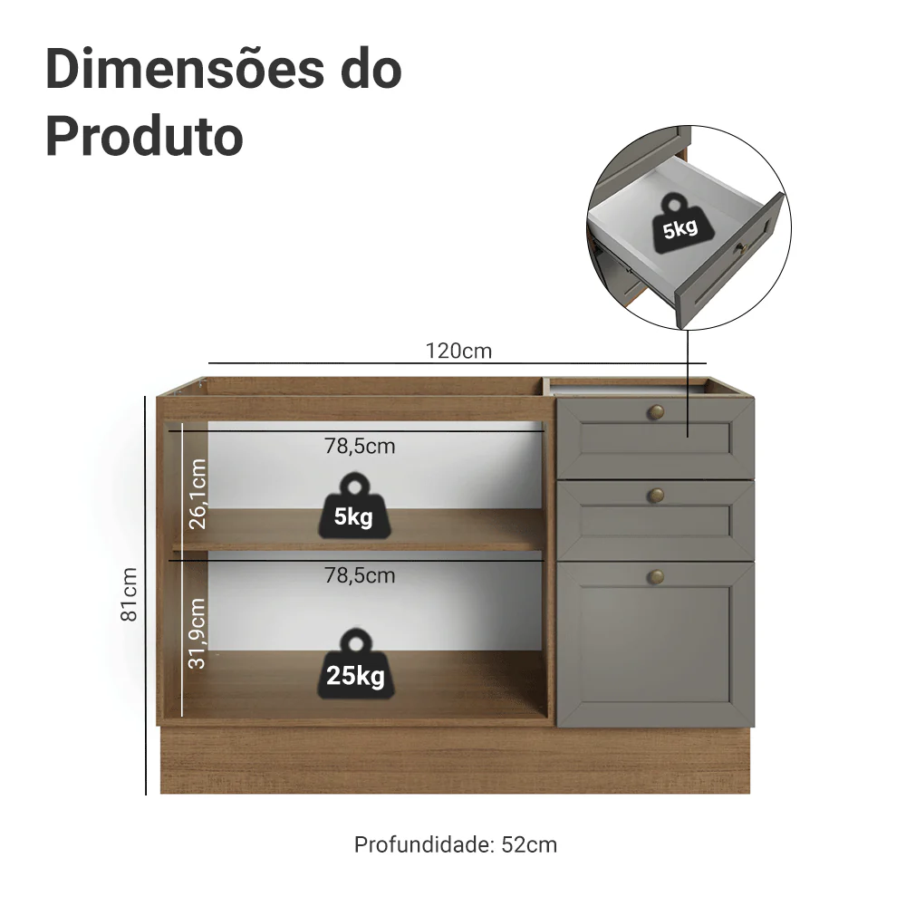Balcão de Pia 120 cm 2 Portas 3 Gavetas (Sem Tampo) Rustic/Cinza Vik Madesa - Image 2