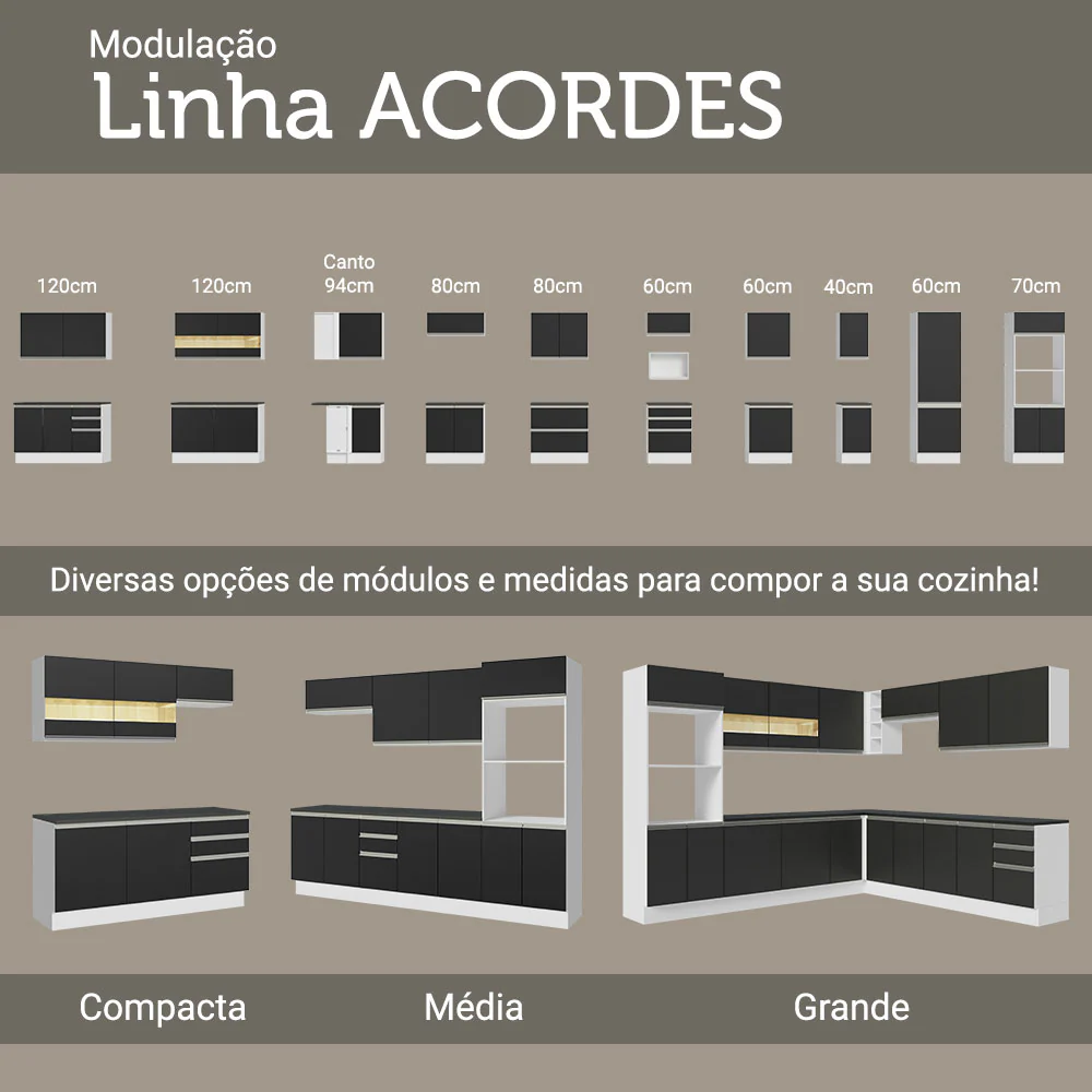 Balcão Cozinha 100% MDF 120 cm 2 Portas Branco/Preto Acordes Madesa - Image 10