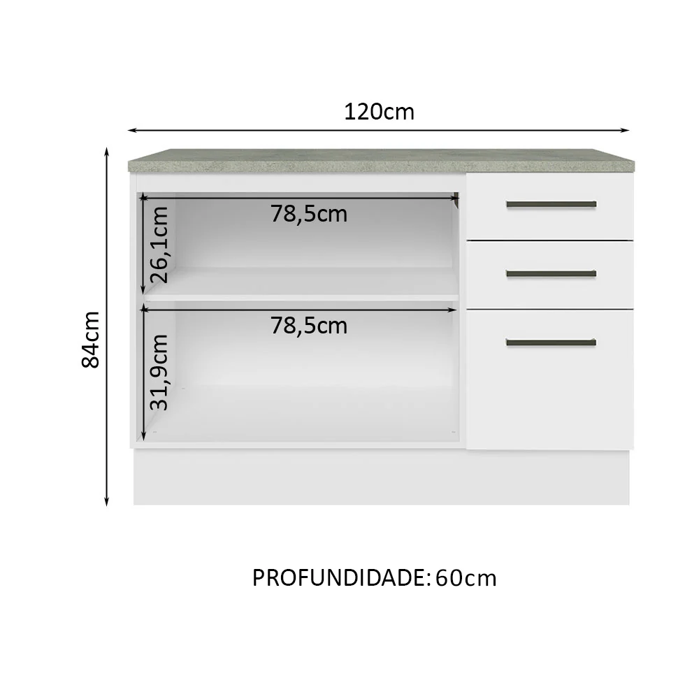 Balcão Cozinha 120 x 60 cm 2 Portas e 3 Gavetas (Com Tampo) Branco Agata Madesa - Image 3