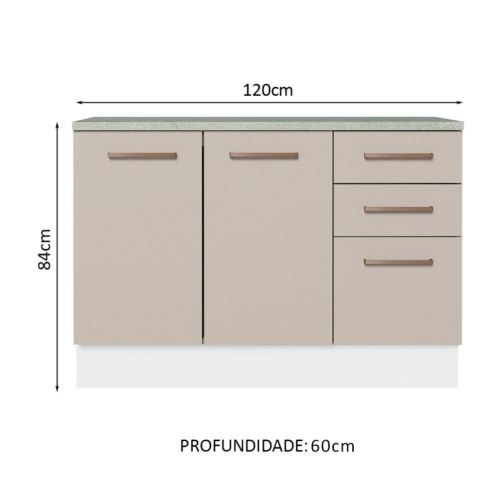 Balcão Cozinha 120 x 60 cm 2 Portas e 3 Gavetas (Com Tampo) Branco/Crema Agata Madesa - Image 2
