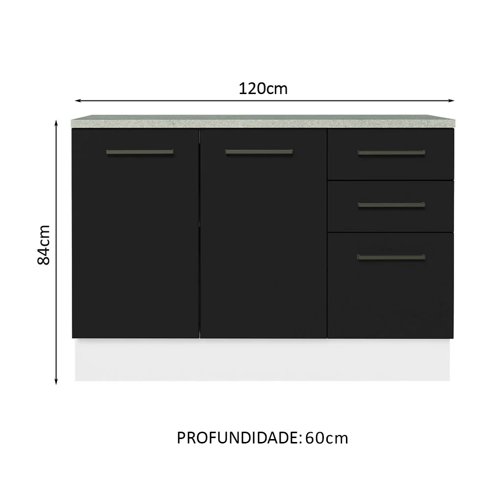 Balcão Cozinha 120 x 60 cm 2 Portas e 3 Gavetas (Com Tampo) Branco/Preto Agata Madesa - Image 2