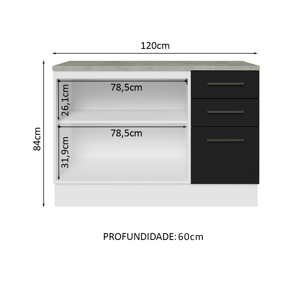 Balcão Cozinha 120 x 60 cm 2 Portas e 3 Gavetas (Com Tampo) Branco/Preto Agata Madesa - Image 3