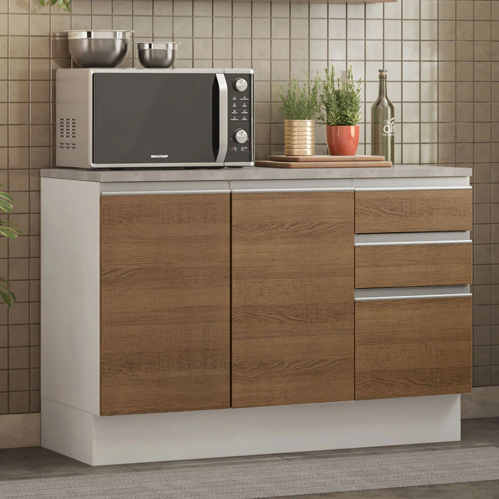 Balcão Cozinha 120 x 60 cm 2 Portas e 3 Gavetas (Com Tampo) Branco/Rustic Glamy Madesa - Image 2