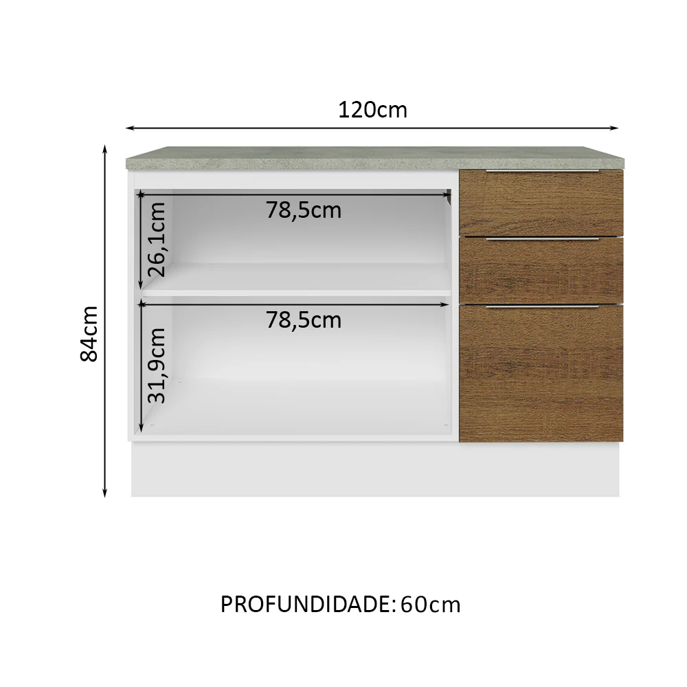 Balcão Cozinha 120 x 60 cm 2 Portas e 3 Gavetas (Com Tampo) Branco/Rustic Stella Madesa - Image 3