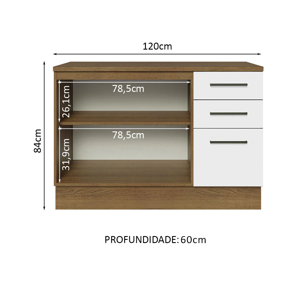 Balcão Cozinha 120 x 60 cm 2 Portas e 3 Gavetas (Com Tampo) Rustic/Branco Agata Madesa - Image 3