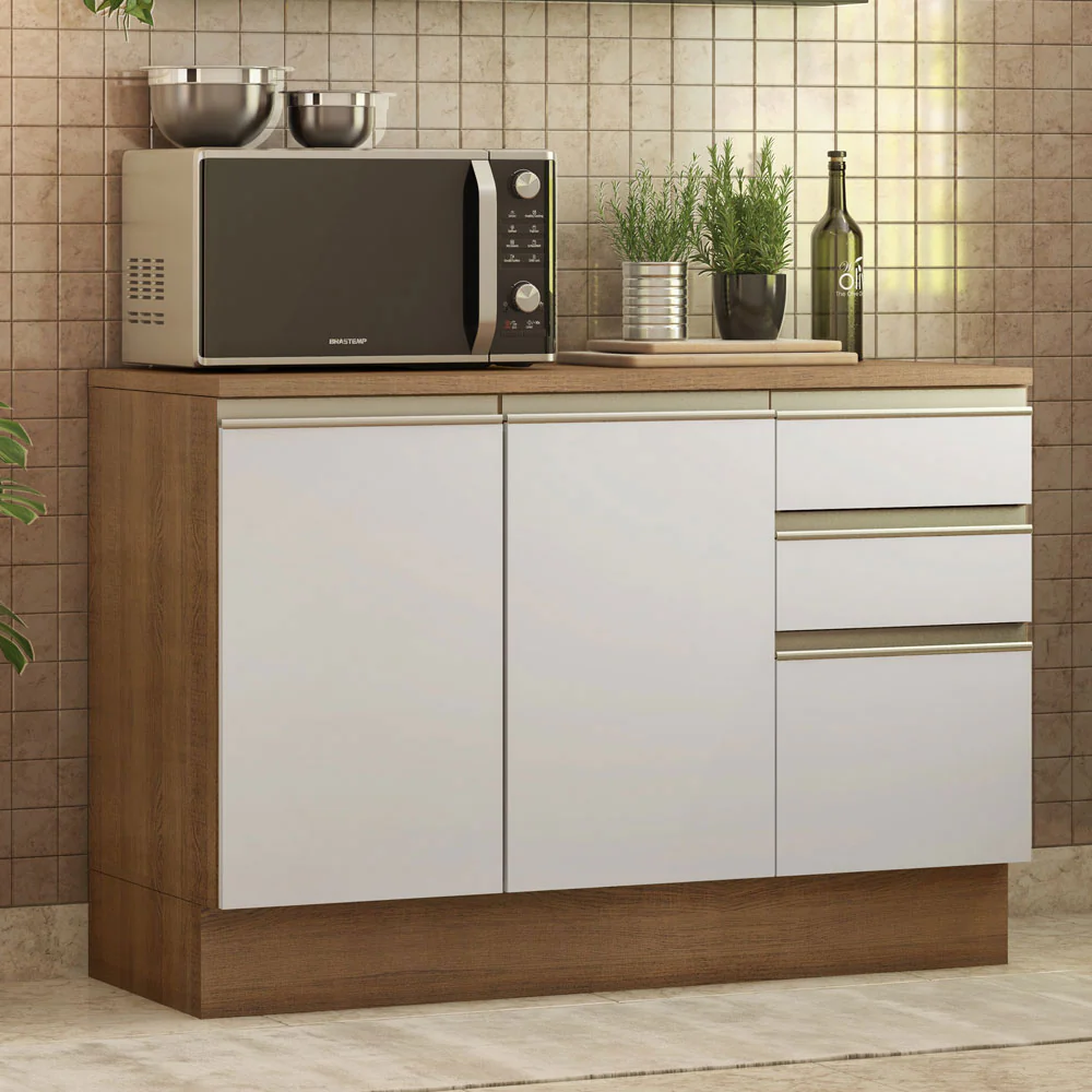 Balcão Cozinha 120 x 60 cm 2 Portas e 3 Gavetas (Com Tampo) Rustic/Branco Glamy Madesa - Image 2