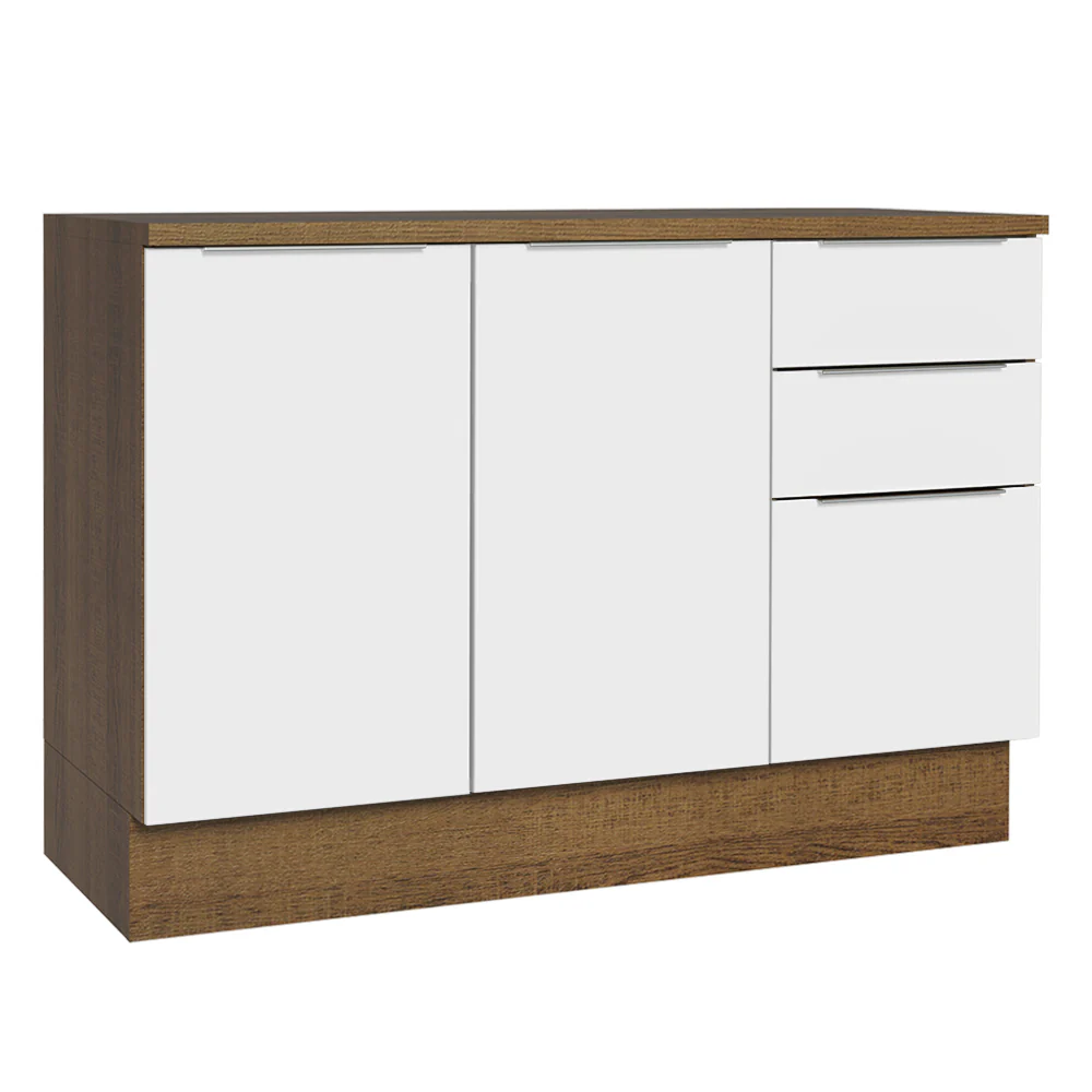 Balcão Cozinha 120 x 60 cm 2 Portas e 3 Gavetas (Com Tampo) Rustic/Branco Stella Madesa