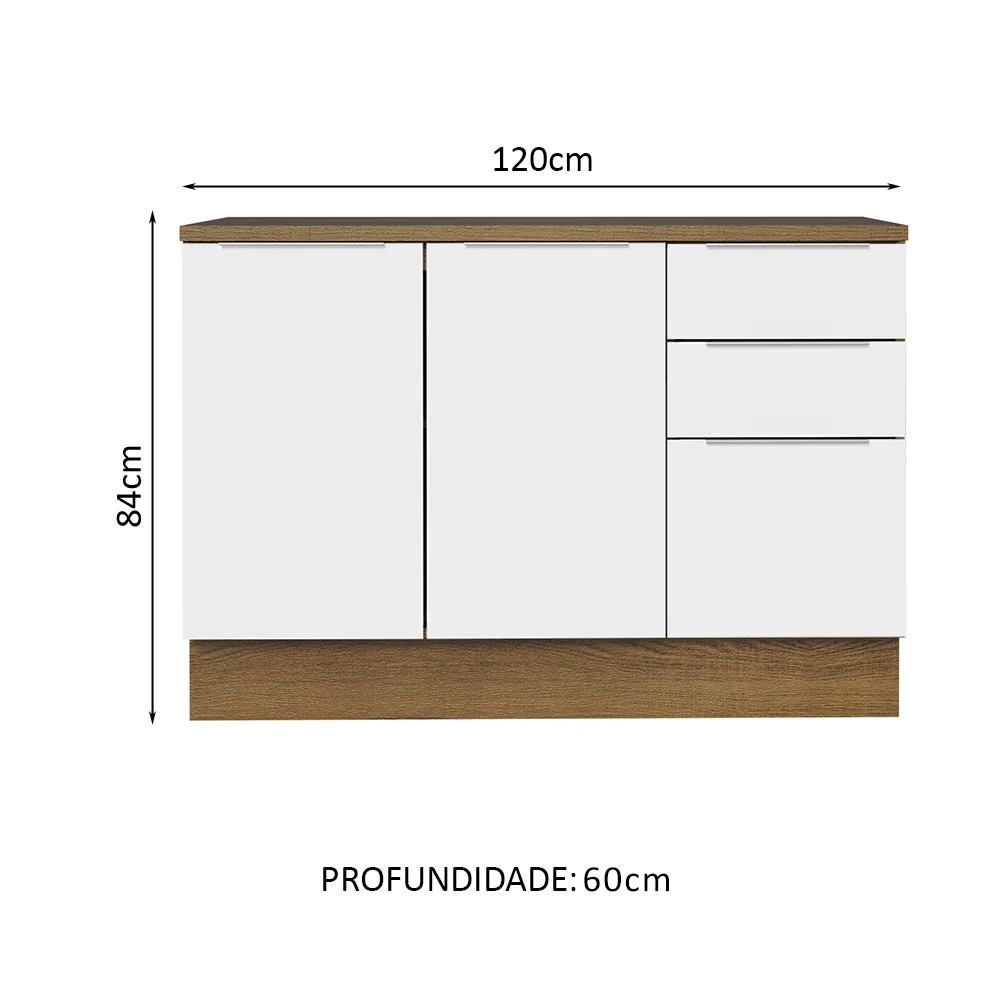 Balcão Cozinha 120 x 60 cm 2 Portas e 3 Gavetas (Com Tampo) Rustic/Branco Stella Madesa - Image 2