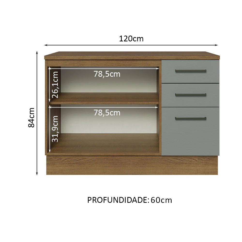 Balcão Cozinha 120 x 60 cm 2 Portas e 3 Gavetas (Com Tampo) Rustic/Cinza Agata Madesa - Image 3