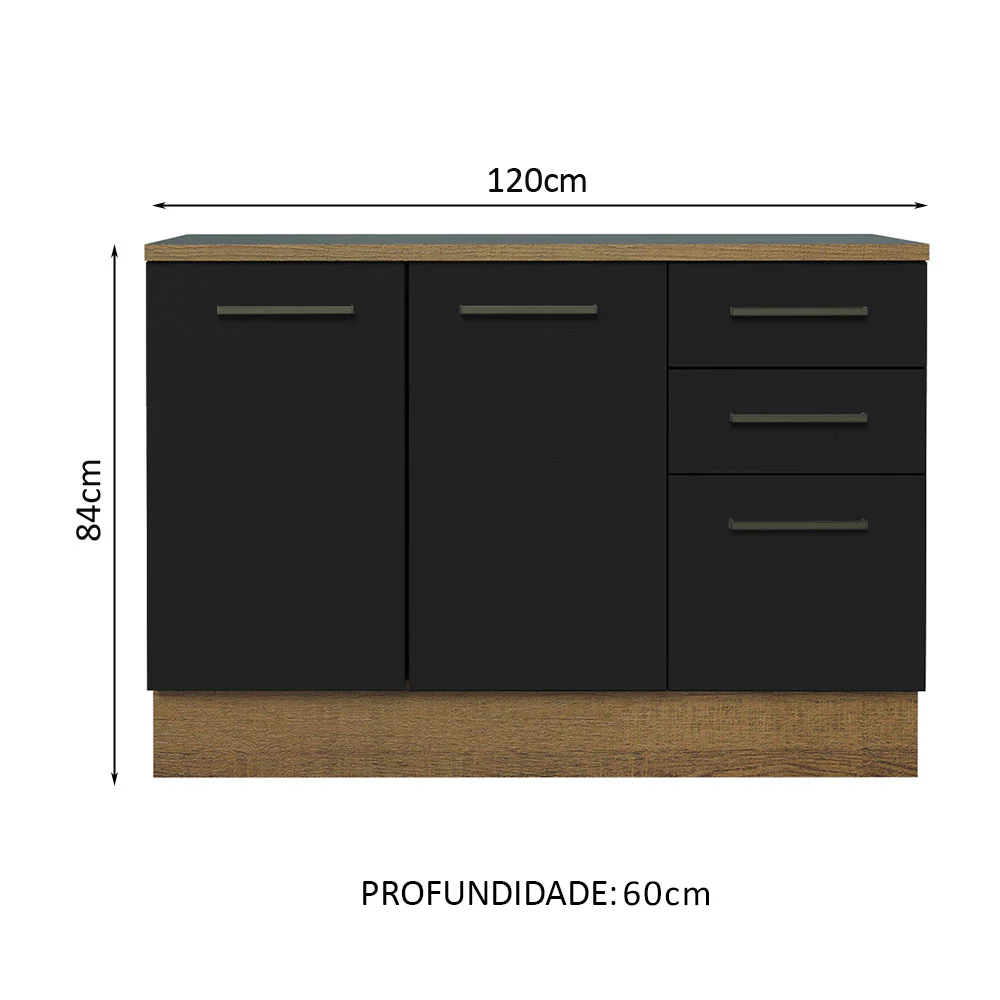 Balcão Cozinha 120 x 60 cm 2 Portas e 3 Gavetas (Com Tampo) Rustic/Preto Agata Madesa - Image 2