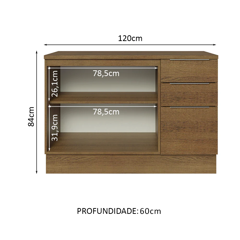 Balcão Cozinha 120 x 60 cm 2 Portas e 3 Gavetas (Com Tampo) Rustic Stella Madesa - Image 3