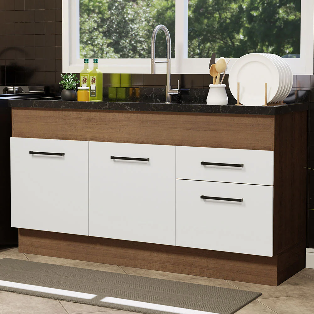 Balcão de Pia Madesa Agata 150 cm 2 Portas e 2 Gavetas (Sem Tampo e Pia) Rustic/Branco