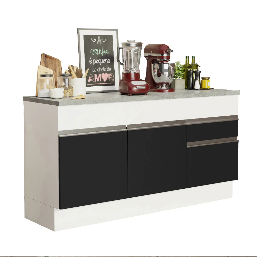 Balcão Madesa Glamy 150 cm 2 Portas e 2 Gavetas (Com Tampo) Branco/Preto