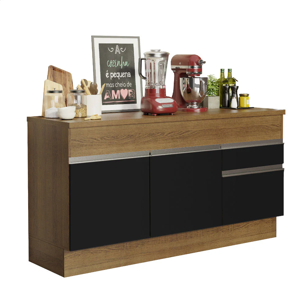 Balcão Madesa Glamy 150 cm 2 Portas e 2 Gavetas (Com Tampo) Rustic/Preto