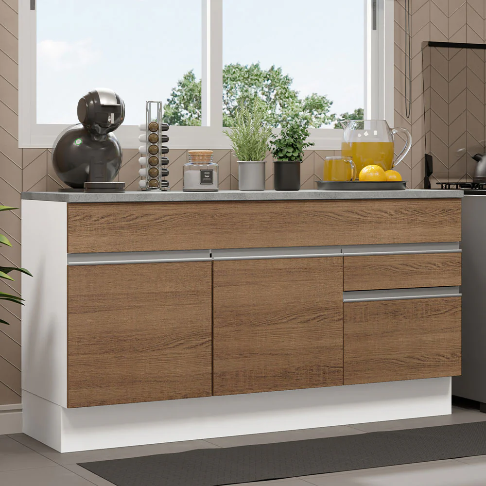 Balcão Gabinete Madesa Glamy 150 cm 2 Gavetas 2 Portas (Com Tampo) Branco/Rustic