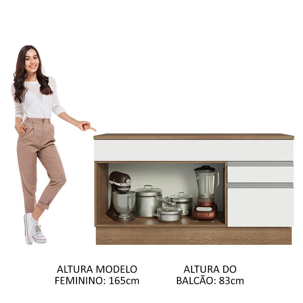 Balcão Gabinete Madesa Glamy 150 cm 2 Gavetas 2 Portas (Com Tampo) Rustic/Branco - Image 5