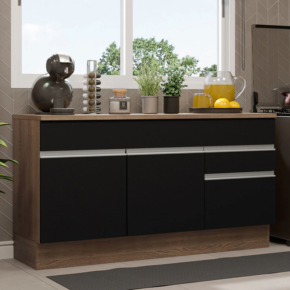 Balcão Gabinete Madesa Glamy 150 cm 2 Gavetas 2 Portas (Com Tampo) Rustic/Preto