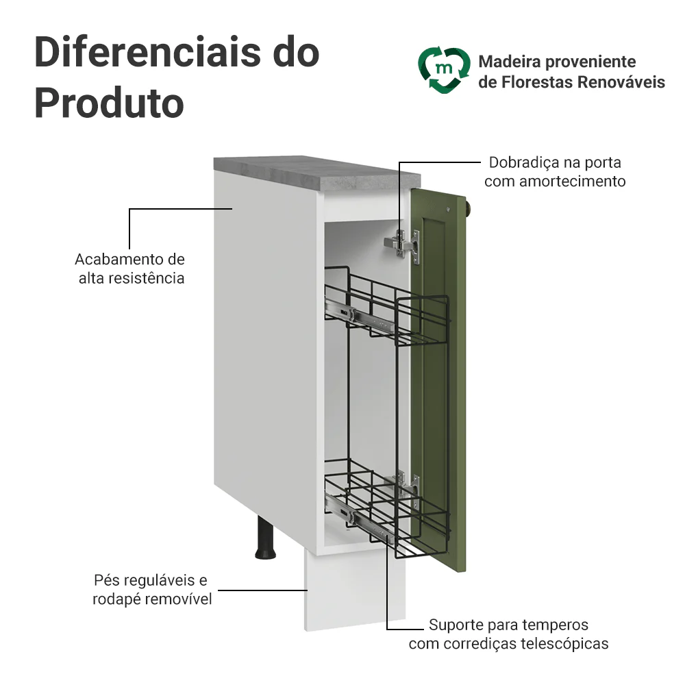Balcão Porta-Temperos 20x60 cm 1 Porta (Com Tampo) Branco/Verde Vik Madesa - Image 4