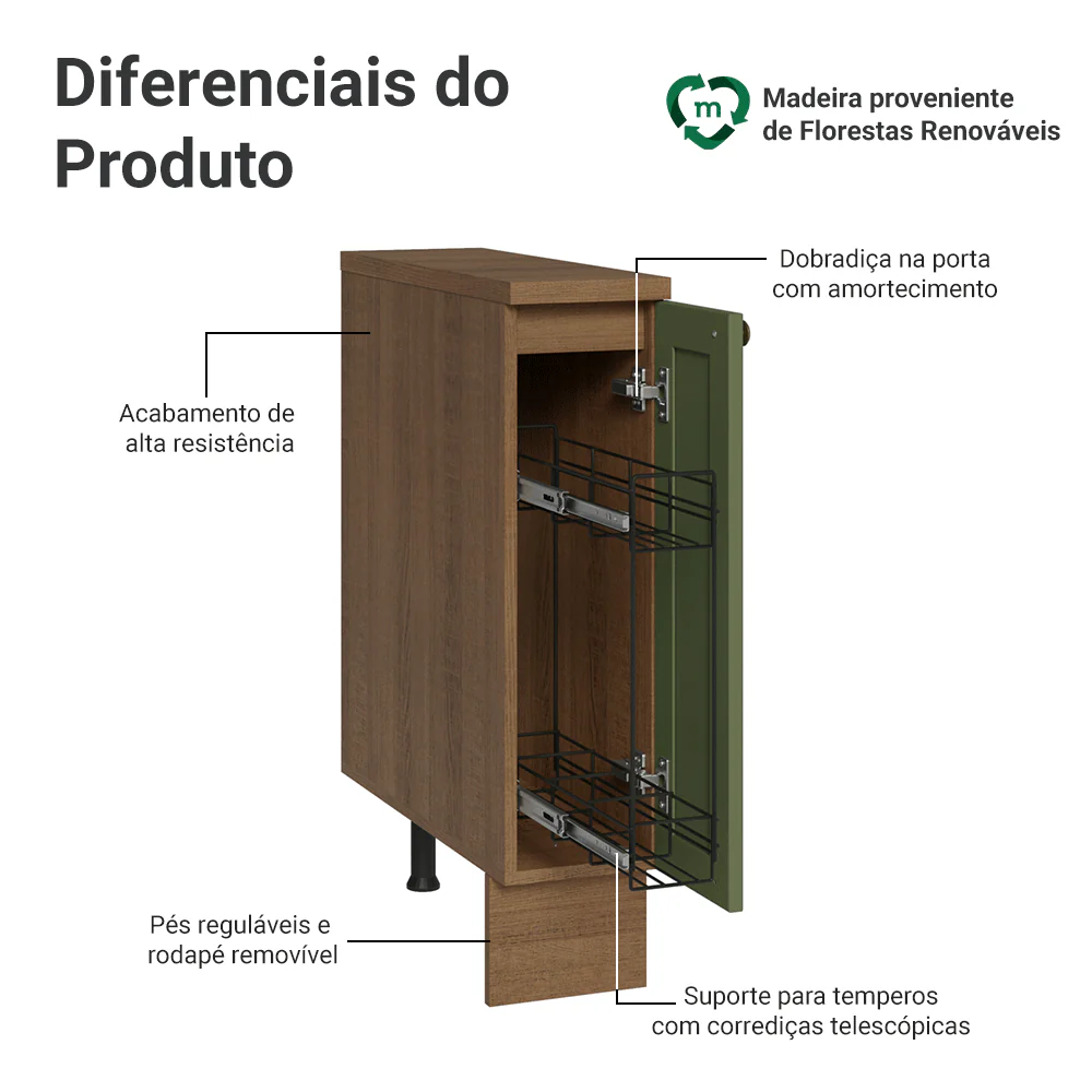 Balcão Porta-Temperos 20x60 cm 1 Porta (Com Tampo) Rustic/Verde Vik Madesa - Image 4