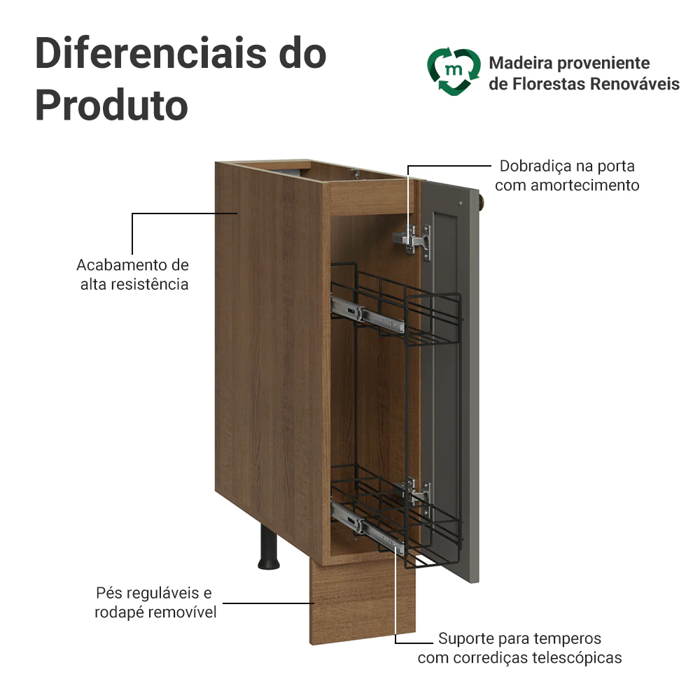 Balcão Porta-Temperos 20x60 cm 1 Porta (Sem Tampo) Rustic/Cinza Vik Madesa - Image 4