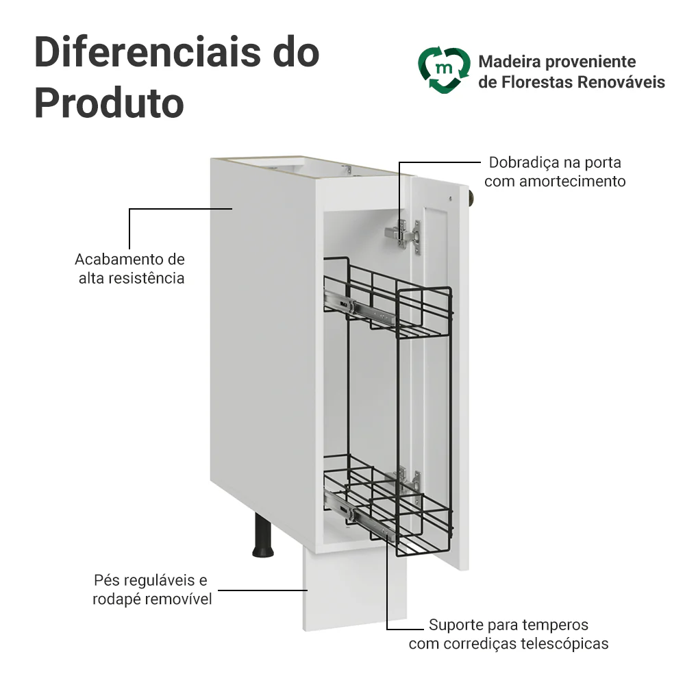 Balcão Porta-Temperos 20 cm 1 Porta (Sem Tampo) Branco Vik Madesa - Image 4