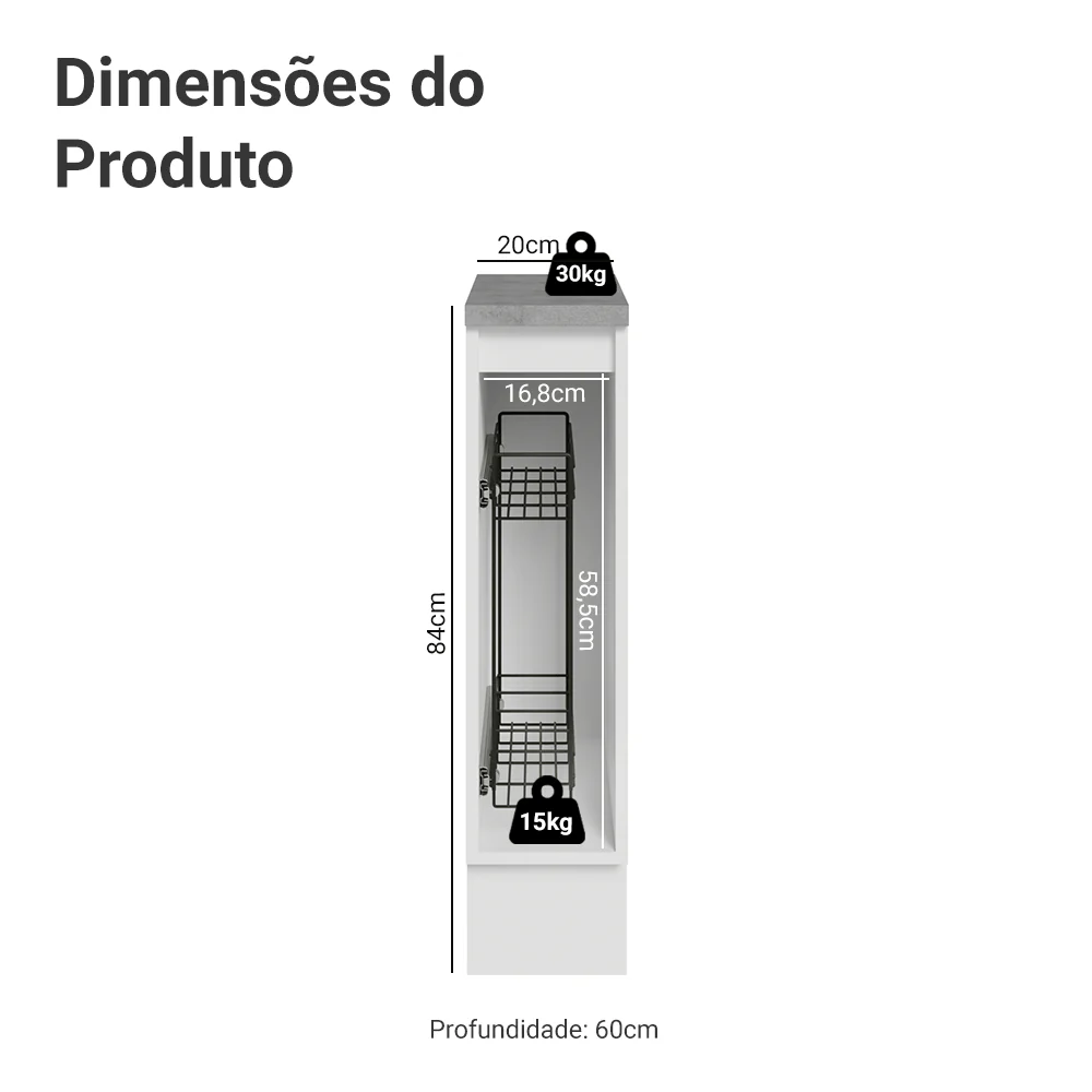 Balcão Porta-Temperos 20 x 60 cm 1 Porta (Com Tampo) Branco/Preto Lux Madesa - Image 3