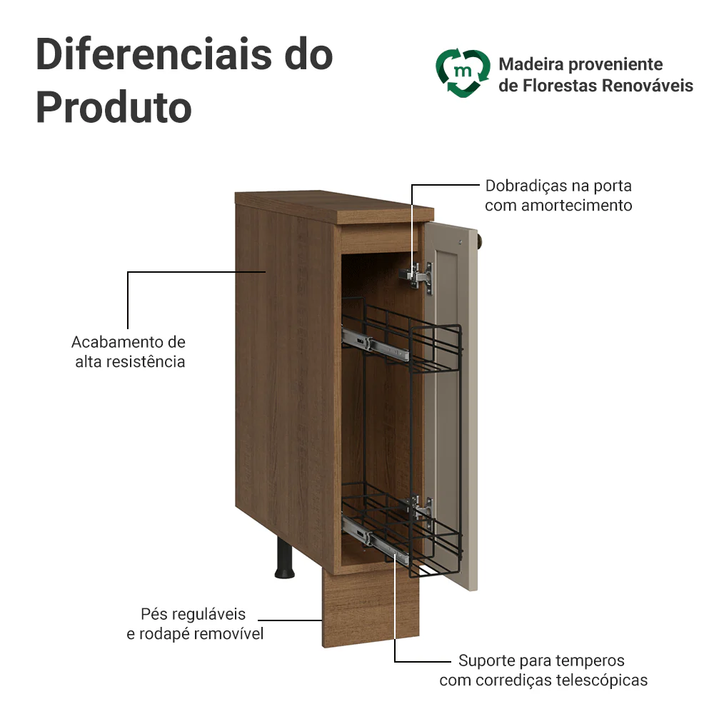 Balcão Porta-Temperos 20x60 cm 1 Porta (Com Tampo) Rustic/Crema Vik Madesa - Image 3