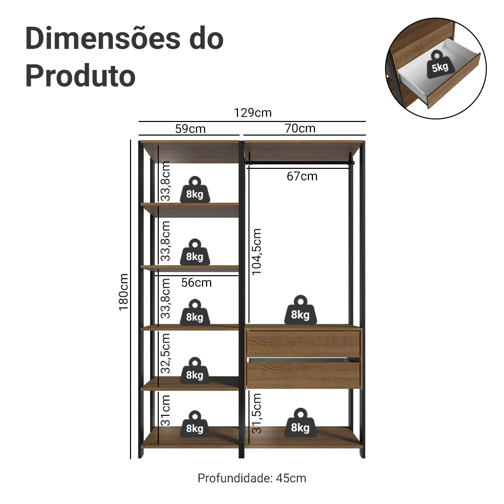 Guarda-Roupa Closet Modulado Valencia 2 Gavetas 129cm Rustic/Preto Madesa - Image 3