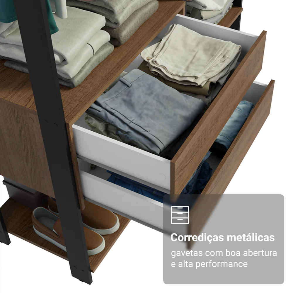 Guarda-Roupa Closet Modulado Valencia 2 Gavetas 129cm Rustic/Preto Madesa - Image 6