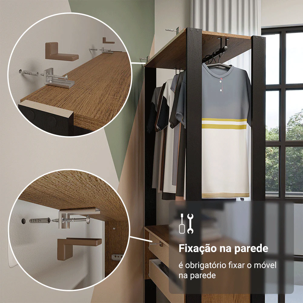 Guarda-Roupa Closet Modulado 2 Gavetas 70cm Rustic/Preto Madesa Valencia - Image 6