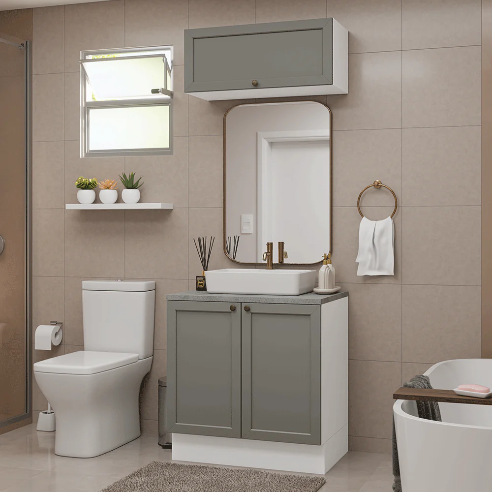 Conjunto Gabinete para Banheiro 80cm 3 Portas Branco/Cinza Vik Madesa 02