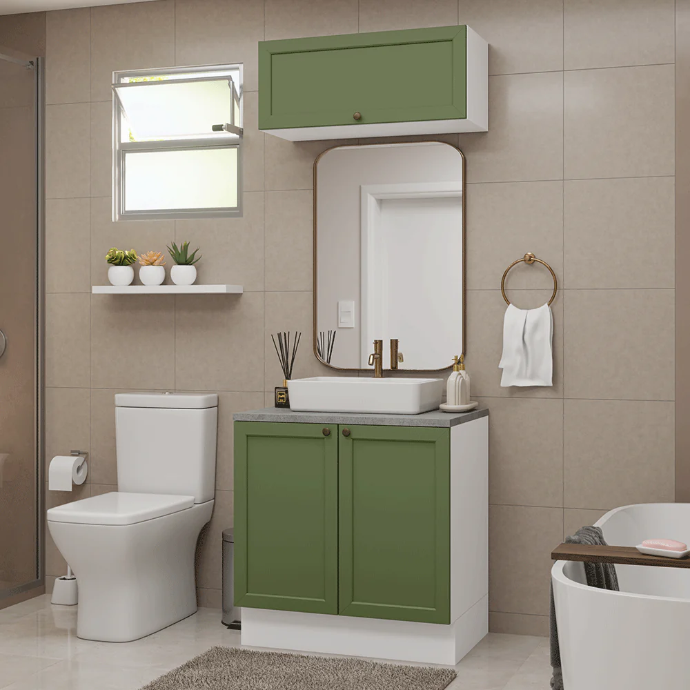 Conjunto Gabinete para Banheiro 80cm 3 Portas Branco/Verde Vik Madesa 02