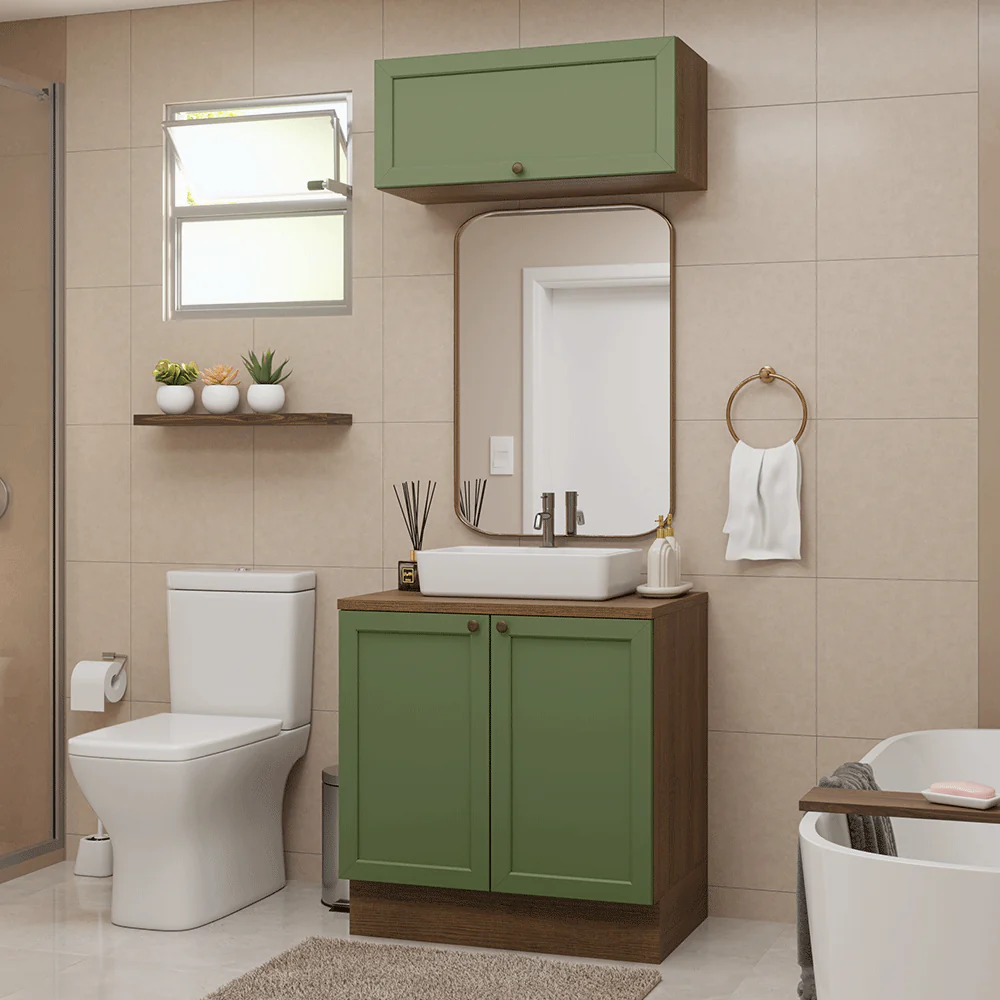 Conjunto Gabinete para Banheiro 80cm 3 Portas Rustic/Verde Vik Madesa 02